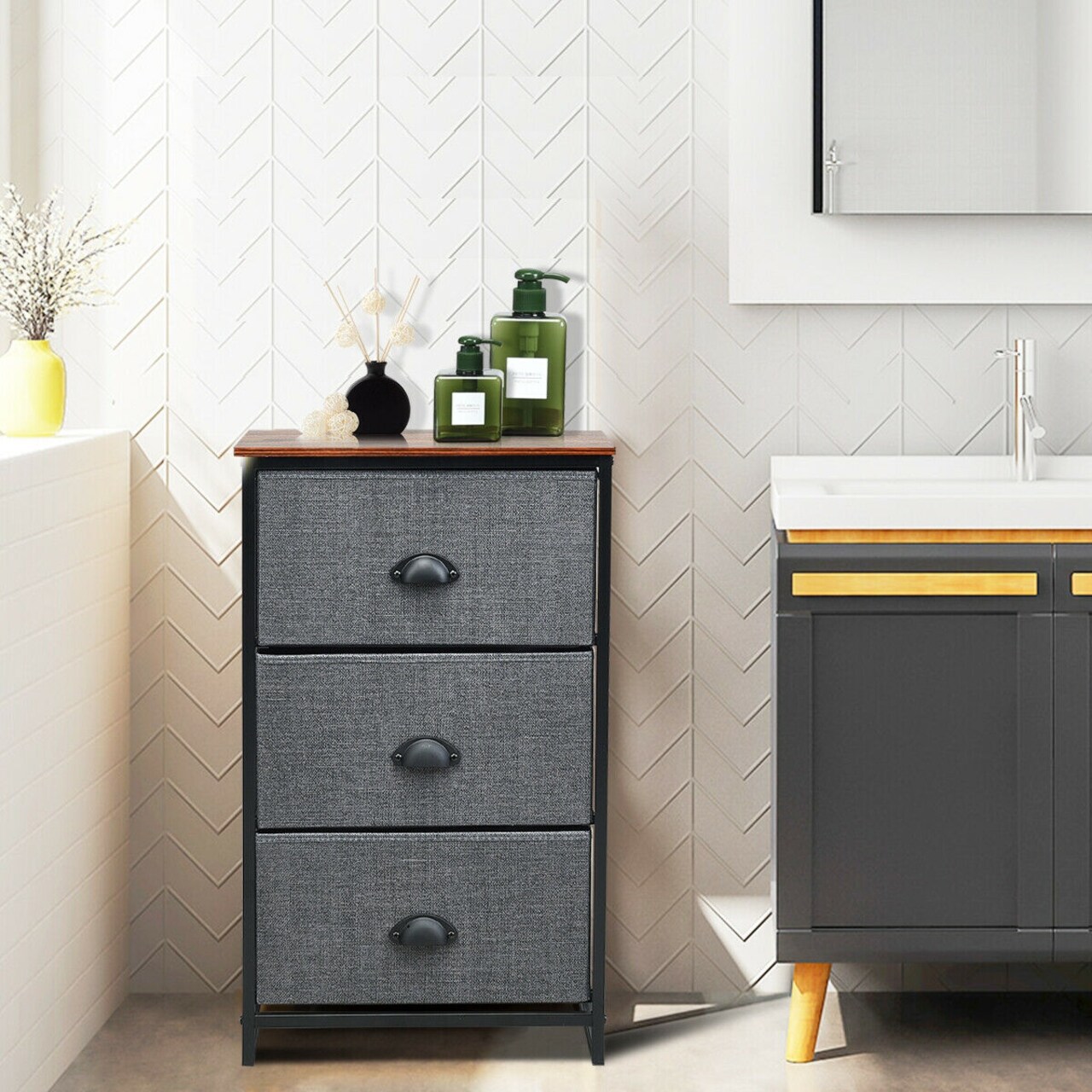 Modern Side Table Nightstand Storage Dresser Chest with 3 Fabric Removable Drawers and Metal Frame